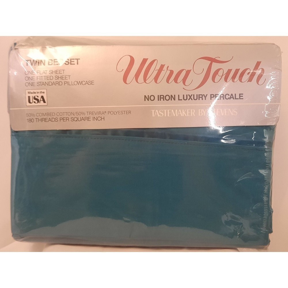 Vintage NWT No-Iron Luxury Percale Ultra Touch by Stevens Twin Sheet Set Aqua